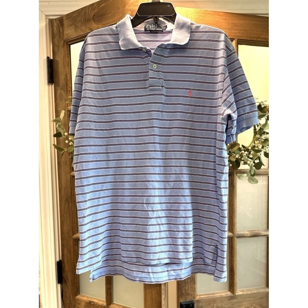 Polo Ralph Lauren Polo Shirt Men Blue Striped Pique Cotton Classic Preppy L